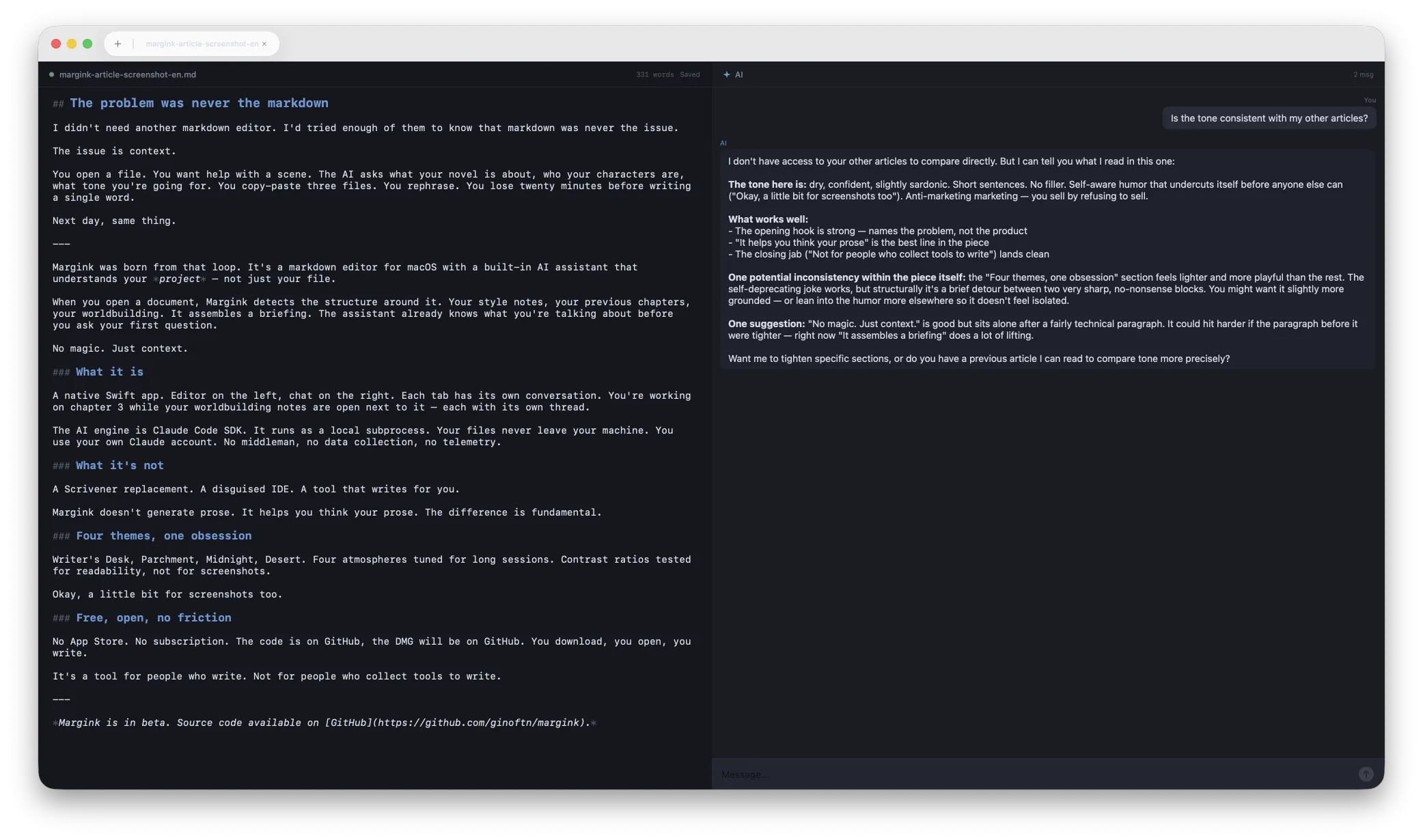 Margink editor — English article with AI chat analyzing tone consistency