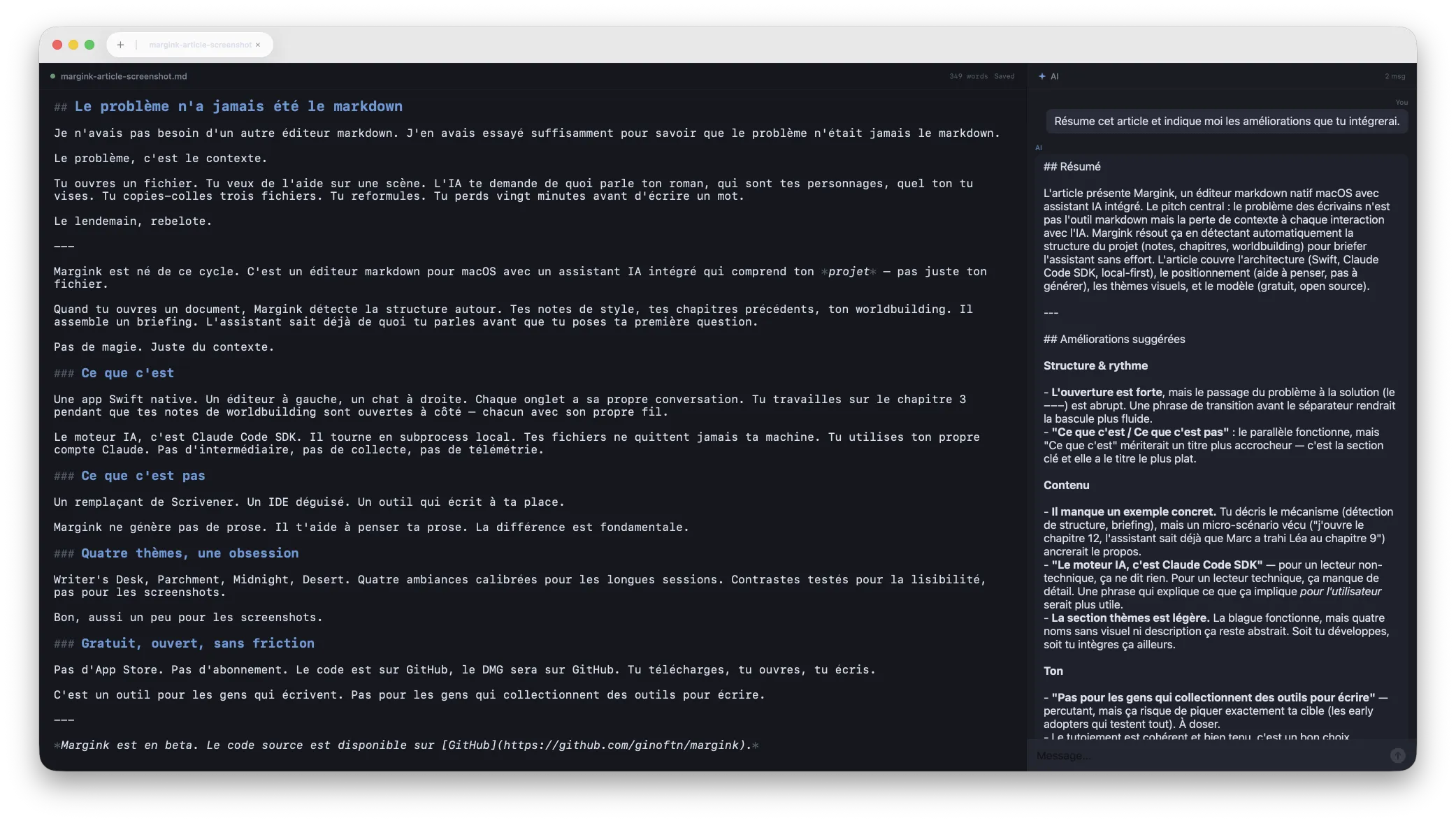 Margink editor — Article français avec chat IA proposant des améliorations